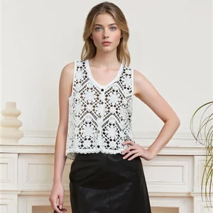 Early Autumn Summer Women's -Style Short Canvas Outerwear Vest Handmade Knitted Breathable Crochet Cotton Tank Top