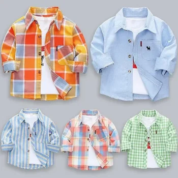 Children's Winter Fleece Plaid Long-sleeved Jacket New Children's Lapel Single-Breasted Brushed Warm Shirts And Blouses