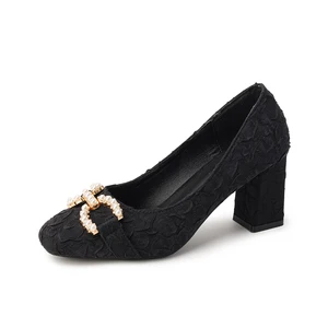 Classy Women's Black Textured Fabric Square Toe Comfortable Summer Slip-On Block Heel Pumps with Rhinestone & Gold Buckle