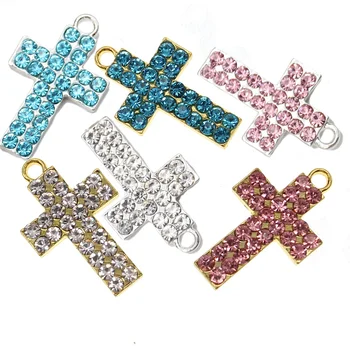 Gold/Silver Plated Cross Baby Pin Charms Religious Rhinestone CHRISTIAN Cross Pendant Charms For Jesus Jewish Jewelry Making