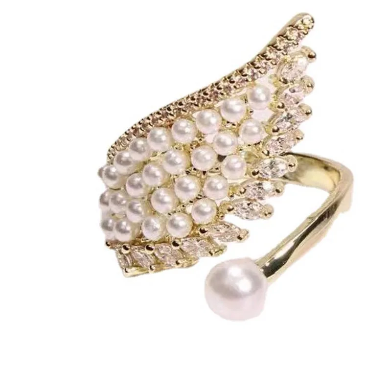 Elegant Pearl Angel Wing Ring Gold Plated Open Adjustable Wing Shape Rhinestone Ring for Women