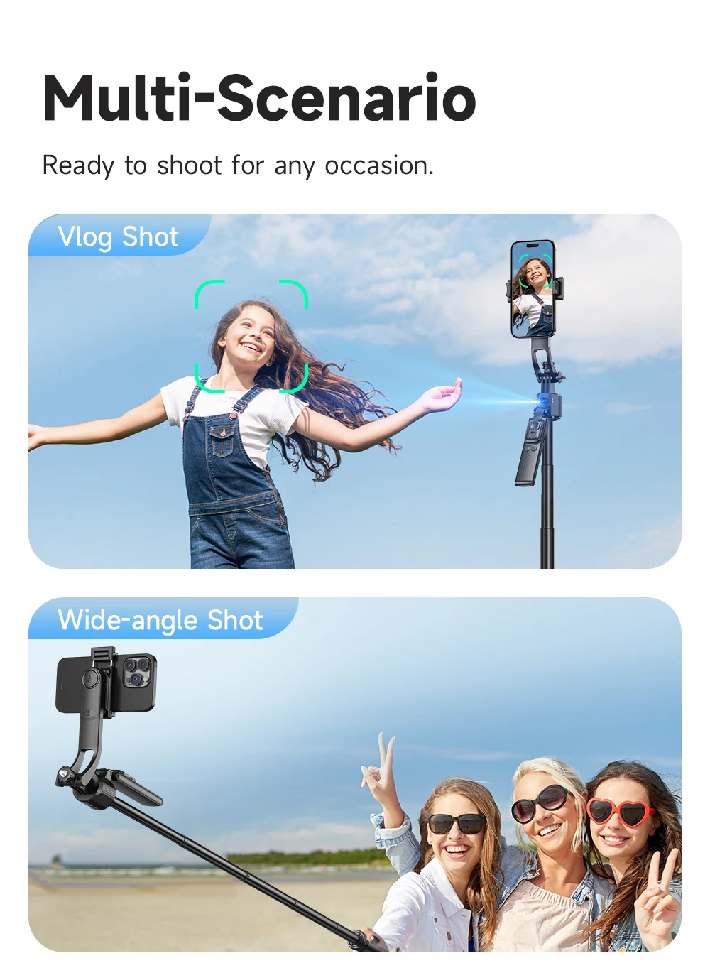 C17 AI Face Tracking Gimbal Quadrapod Max 1.6m 360 Degree Rotation Stable Selfie Stick for Mobile Phone Sports Digital Camera