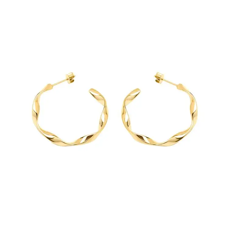 Jietao 18K Gold Plated Twisted Hoop Earrings Medium Flat Wire Statement for Women Tarnish-Free Stainless Steel for Wedding Gift