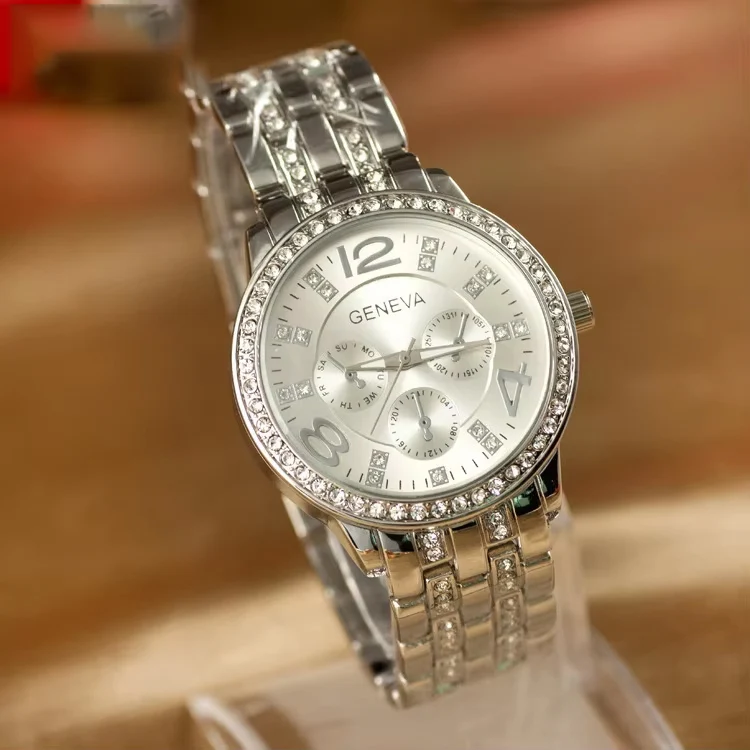 Boyfriend Style GENEVA Classic Women’s Gold Linked Watch, Round Chronographs Geneva Chronograph Designer Style Ladies Women Rhinestone  main image 4