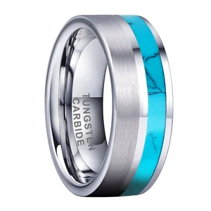 Coolstyle Jewelry 8mm Tungsten Carbide Ring for Men Women Engagement Wedding Band Turquoise Inlay Pipe Cut Polished Comfort Fit