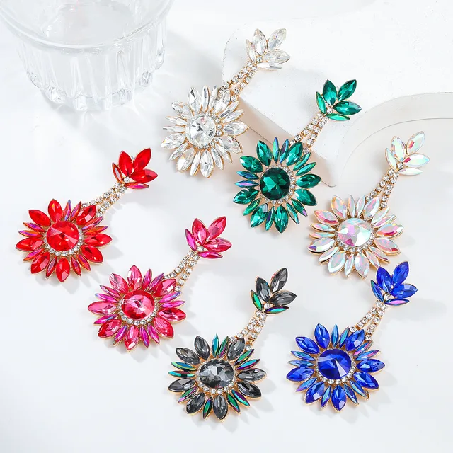 Trendy colored diamond alloy American full crystal female bohemian floral exaggerated jewelry wholesale Stud Earrings for Women