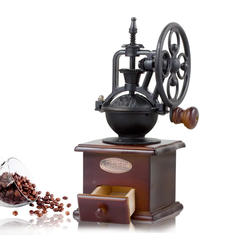 Home Retro Manual Coffee Bean Grinding Mill Machine Vintage Wooden Coffee Grinder With Brush