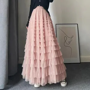 Elegant Ladies Wild Mesh Dating Maxi Skirts Drop Casual Womens Solid Ball Gown Long Skirt Tulle High Waist Pleated Tutu Skirt
