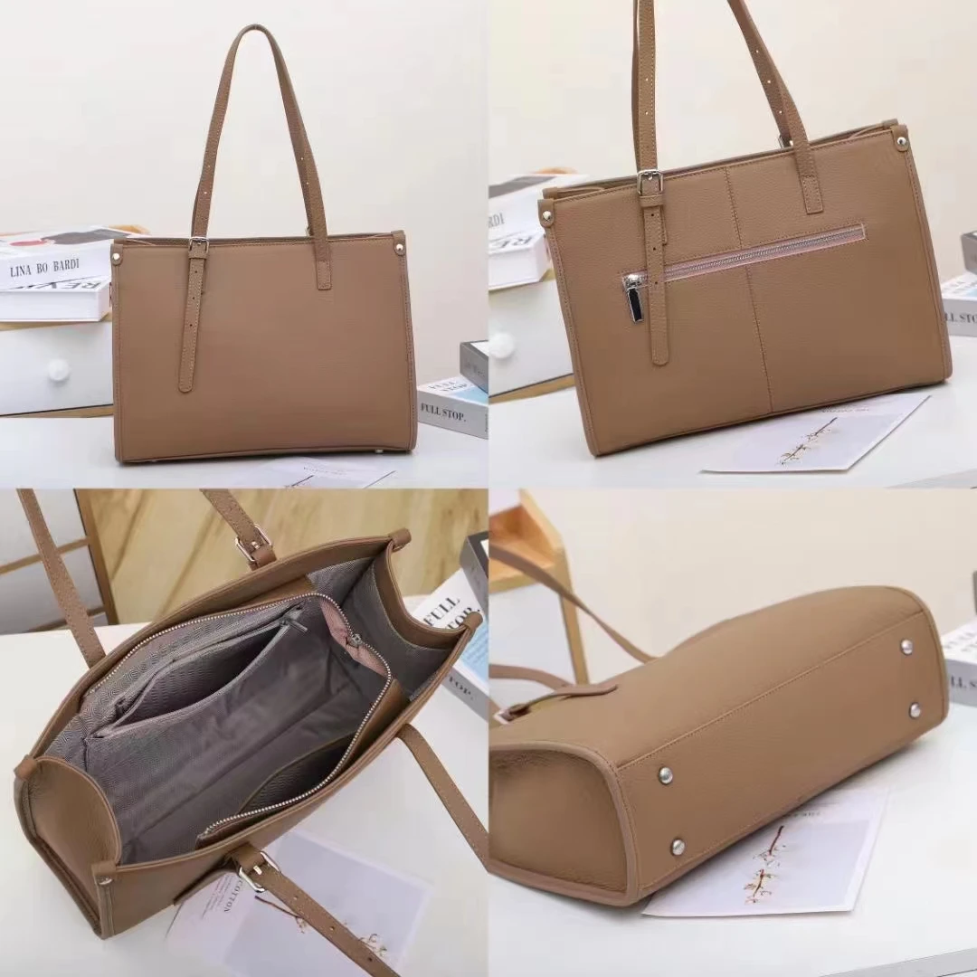 Design Branded Women Vintage Hand Bags Genuine Leather Handle Ladies Plain Bag Full Grain Cow Leather  Tote Bags
