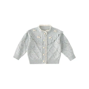 Autumn 2025 Girls' Outerwear Solid Color Country Knitted Sweater Lace Bow Sweater Cardigan
