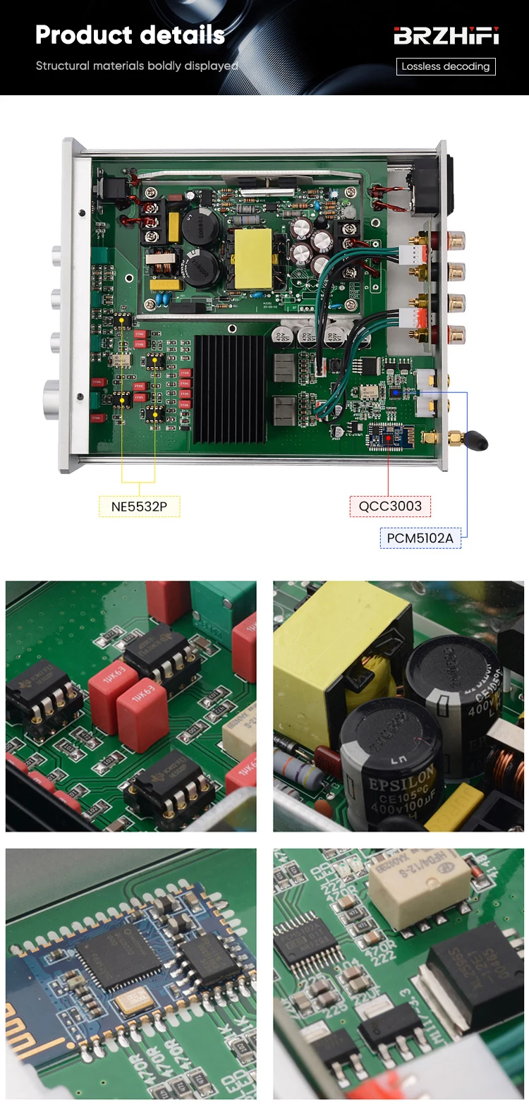 BRZHIFI Dual Core TPA3255 BT 5.0 2 Channel Aluminum HiFi Audio Power Digital Amplifier details