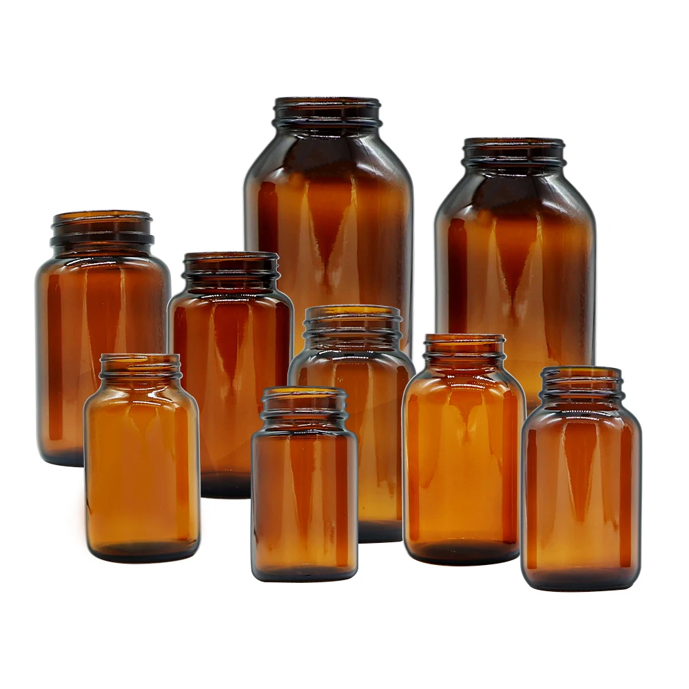 Amber Tablet Glass Bottles with Wide Mouth for Pills Capsules Supplements