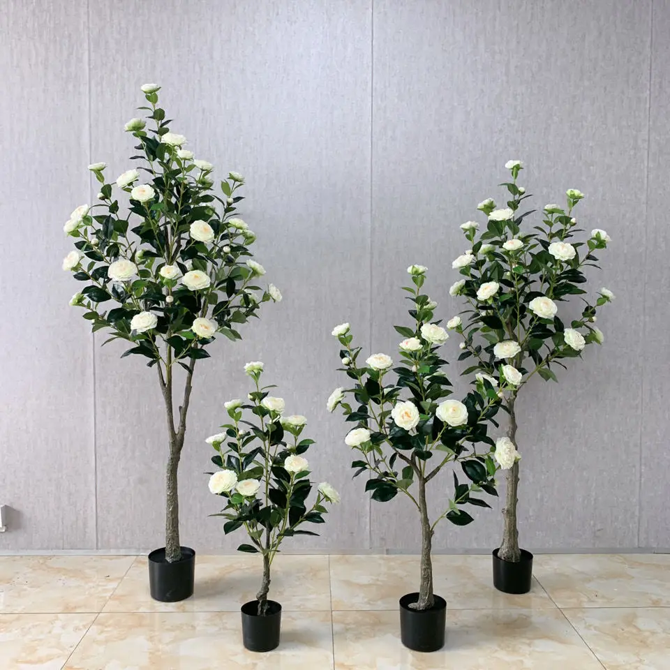 Camellia Flower Trees Plastic Artificial Potted Flower Plant Decoration