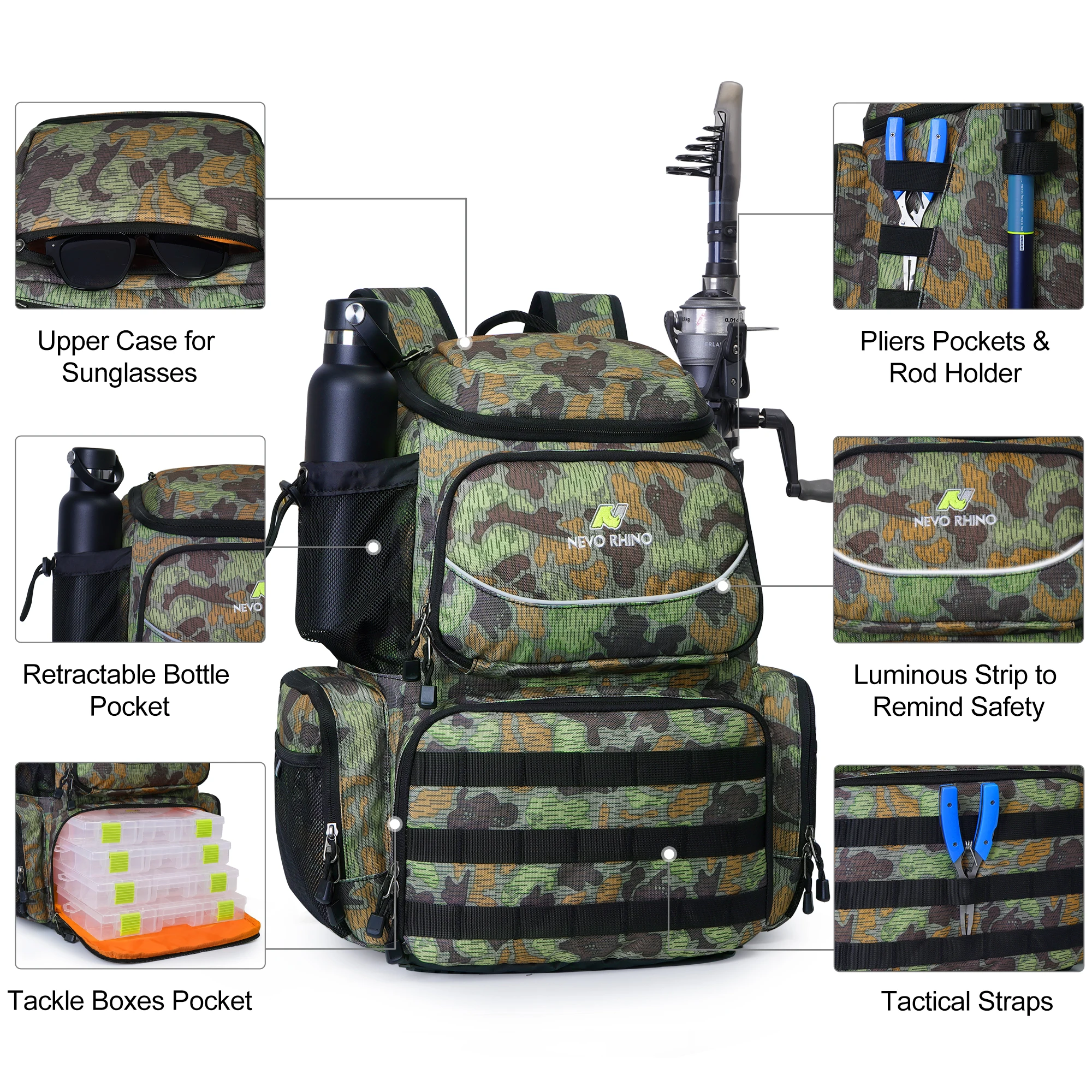 NEVO RHINO 40L Fishing Backpack with 4 Tackle Boxes Fishing Rod Holder Waterproof Rain Cover
