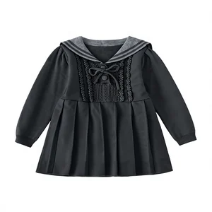 Autumn Winter 100% Cotton Baby Girls Eco-friendly A-Line Lapel Collar O-Neck Style Hand Hook Pleated Knee-Length Button Casual