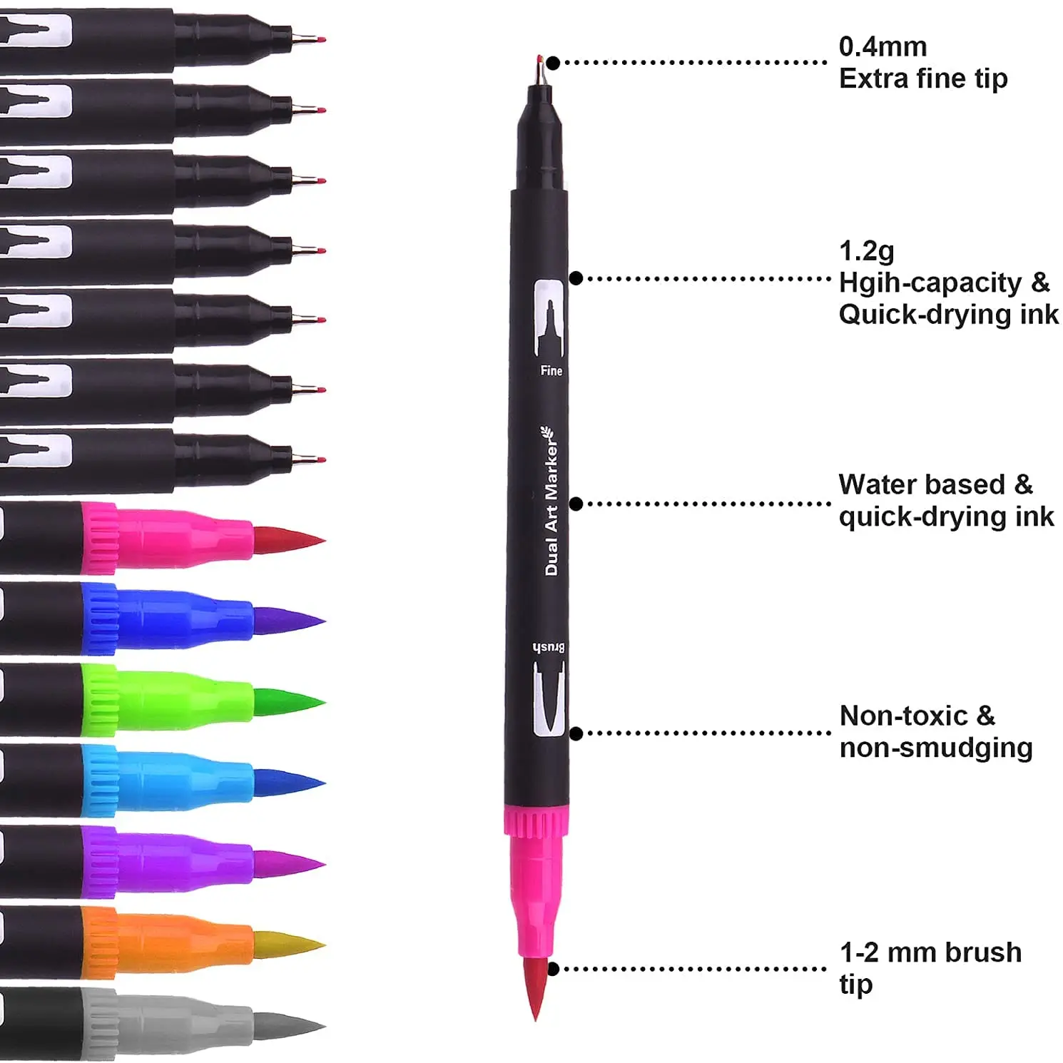 Caliart Markers for Adult Coloring, 72 Dual Tip Brush Pen Art