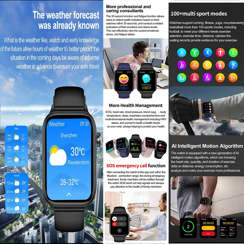 Montre connectée ECG ET570 avec grand écran de 1,96 pouce, appels  Bluetooth, SOS, moniteur de fréquence cardiaque, moniteur de pression  artérielle,