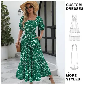 Custom 2025 French Retro Summer Floral A-Line Draped Empire Waist Slimming Midi Square Neck Bubble Short Sleeves Casual Dresses