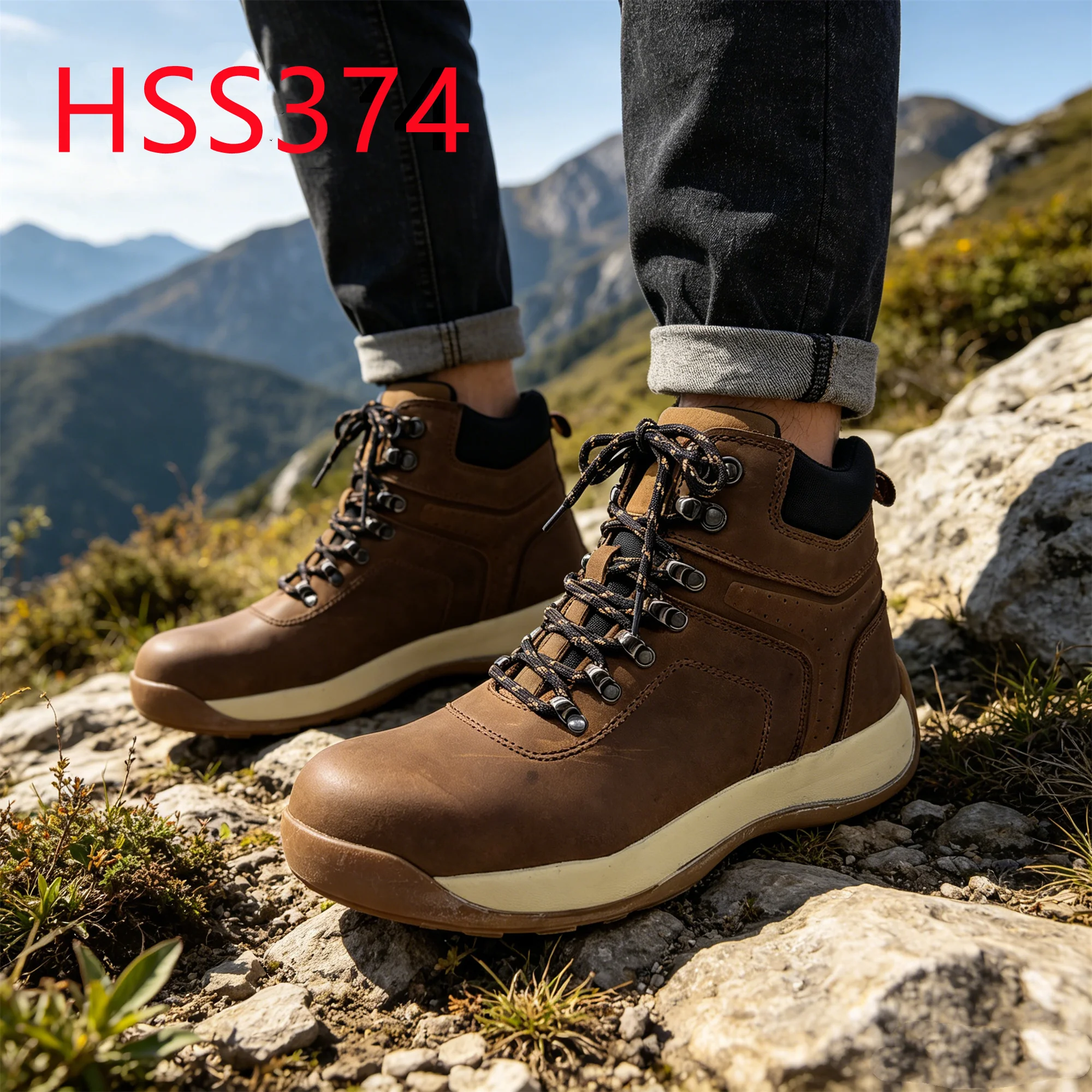 HY,Europe Popular Cushion EVA+rubber Sole Brown Hiking Boots Group Training Best Crazy Horse Leather Men Work Shoes HSS374