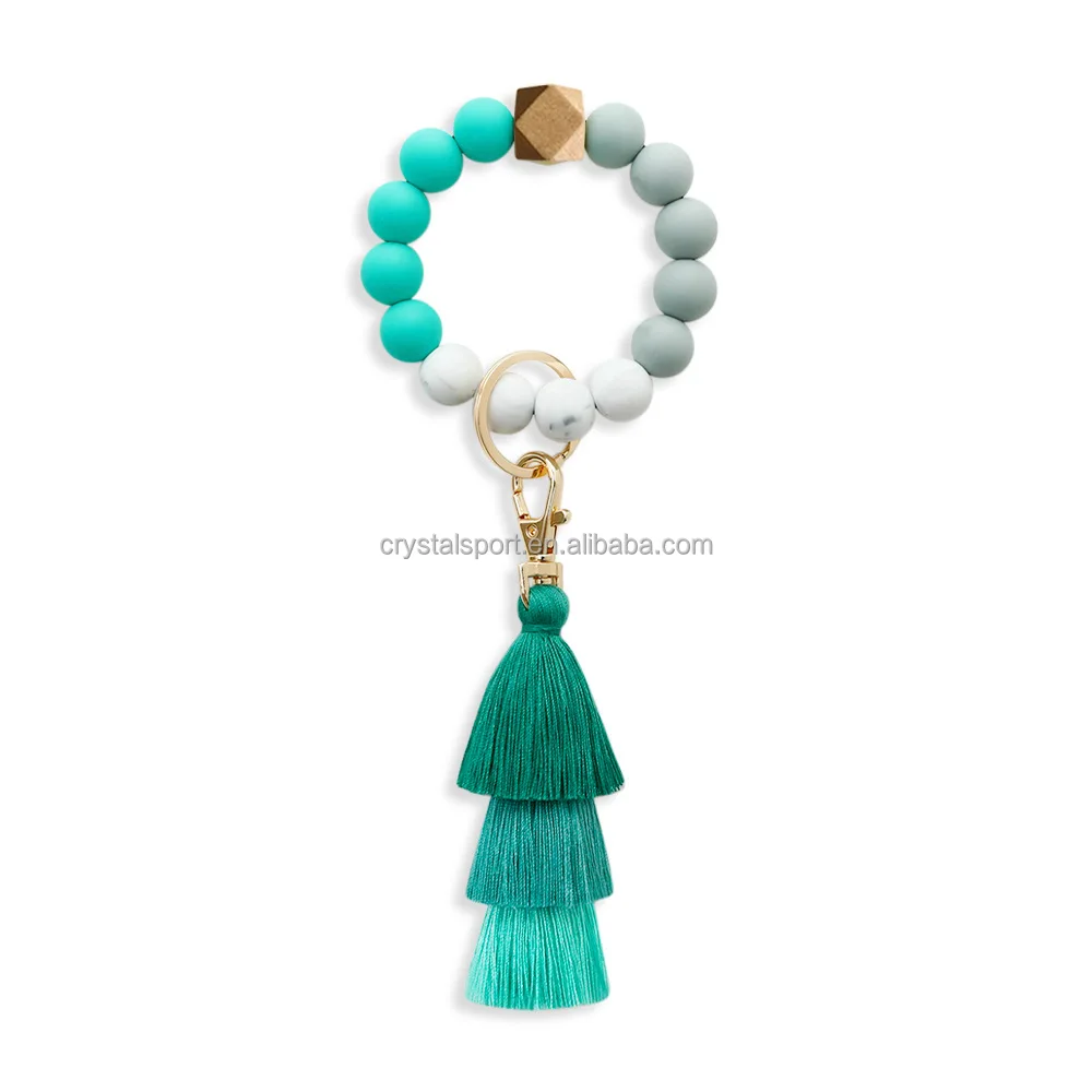 Silicone Wood Bead Bracelet Keychain Tassel Keyring Pendant Buy