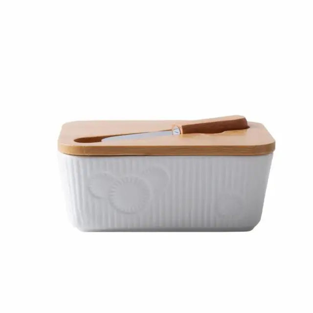 household ceramic butter container dish butter keeper with bamboo lid