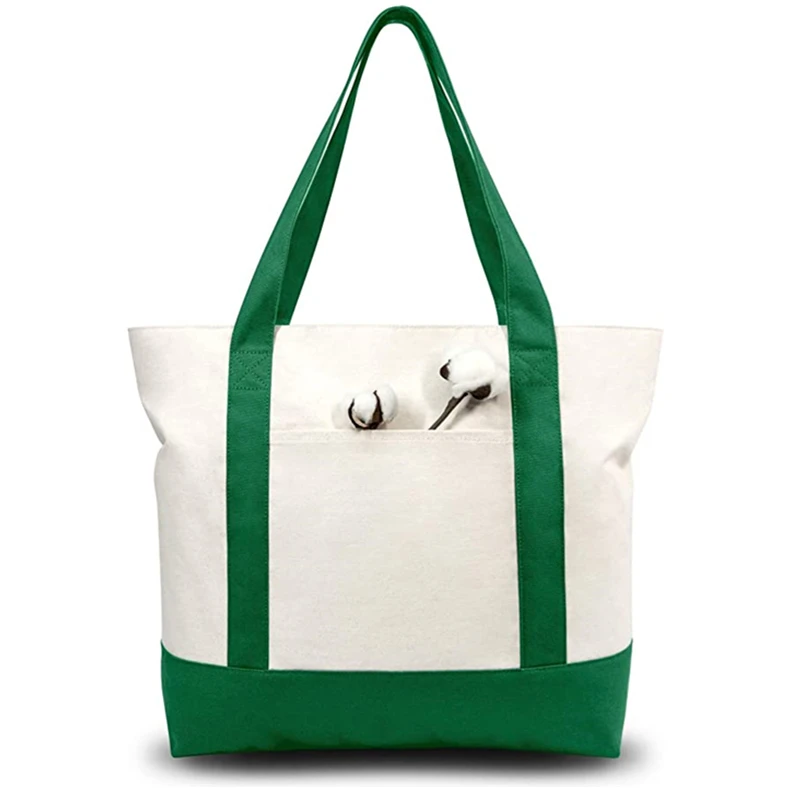 Custom with Logo Printing Blank Plain Pocket and Zipper Shoulder Handle Extra Large Shopping Cotton Canvas Tote Bags