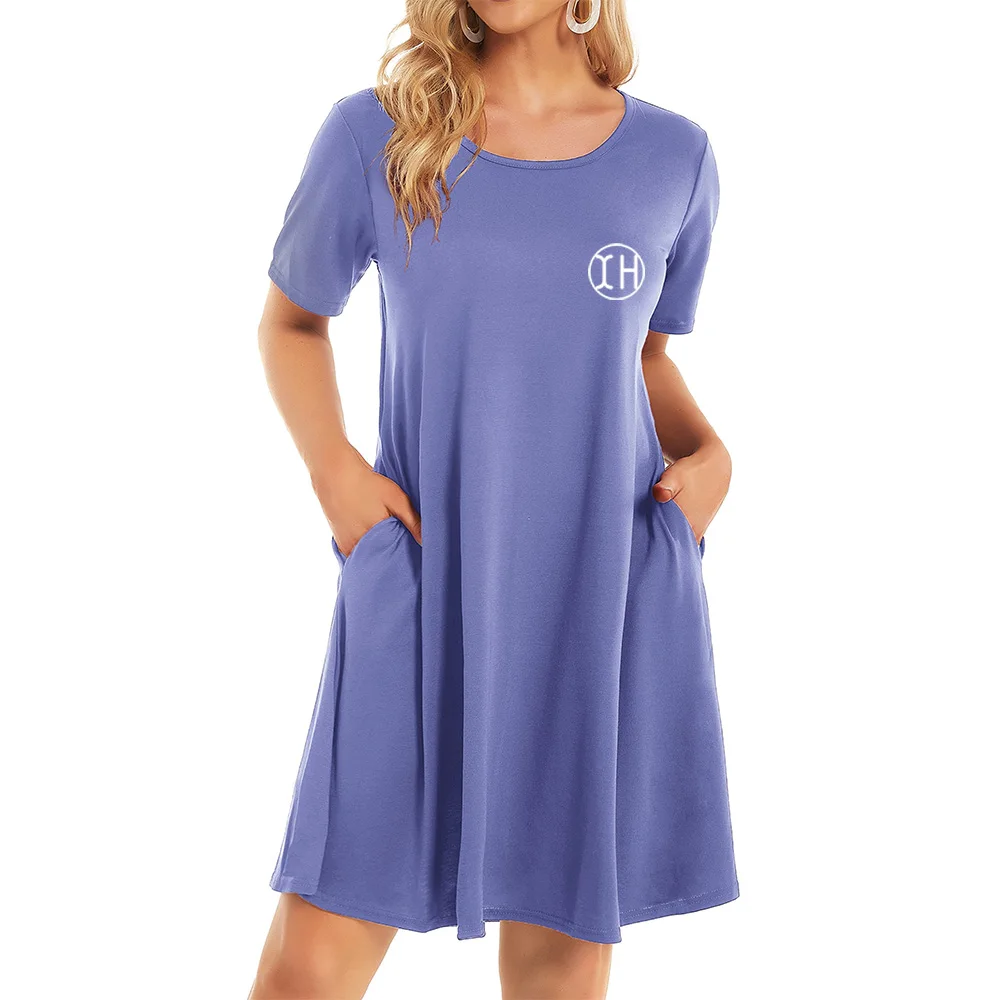 Factory Women Summer Cotton Dress Round Neck Short Sleeve Casual Plain  Color Dresses Loose Fit Dress with Pocket