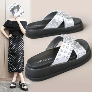 A309 New Styles Soft Soled Flat Bottomed Raised Height Slippers Anti-Slippery Beach Rhinestone Slippers for Women