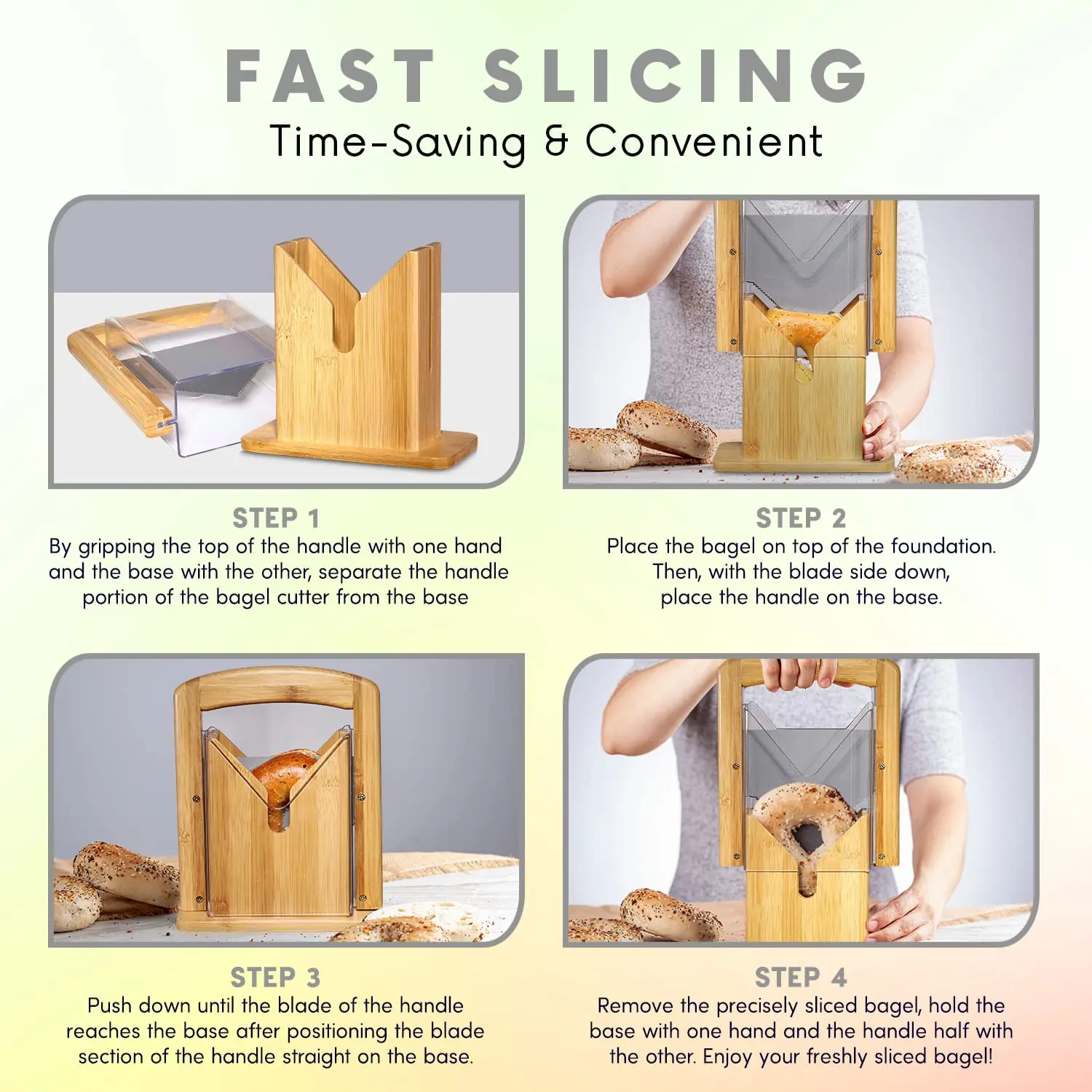 Bamboo Bagel Slicer Guillotine Bagel Cutter With Clear Safety Shield Bamboo Bagel Slicer Guillotine Bagel Cutter With Clear Safety Shield