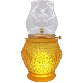 Antique Home Decoration Relief Offering Buddha Crystal Glass Lotus Oil Lamp,Liuli pre-Buddhist Worship Butter Lamp