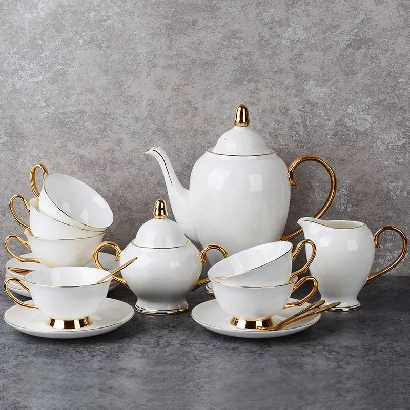 Graceful Food Grade China Tea Coffee Sets,Tea Cup Saucer,15pcs Porcelain Tea Set With Gold Handle for Wedding
