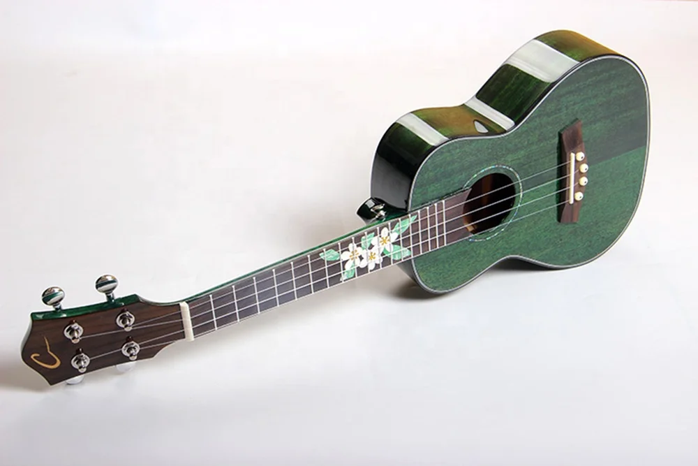 China Guitar Factory Custom Musical Instruments Concert 23 Inch Mahogany Body Green Ukulele High Gloss With Colorful Stone Inlay