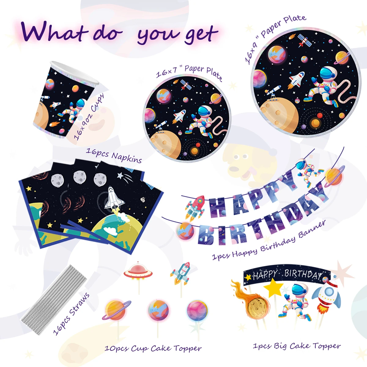 Nicro Fast Delivery Spaceman Theme 92 PCS Space Astronaut Supplies Disposable Tableware Banner Happy Birthday Party Decoration