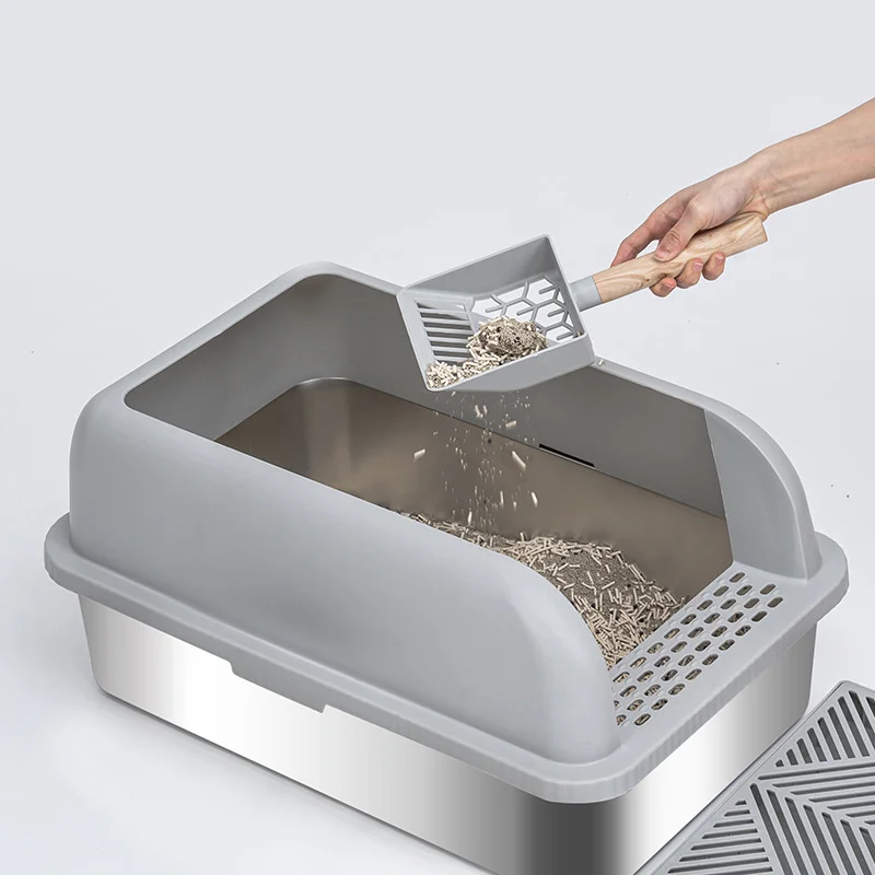 Stainless Steel Cat Litter Box With High Lid And Footboard & Scoop Cat