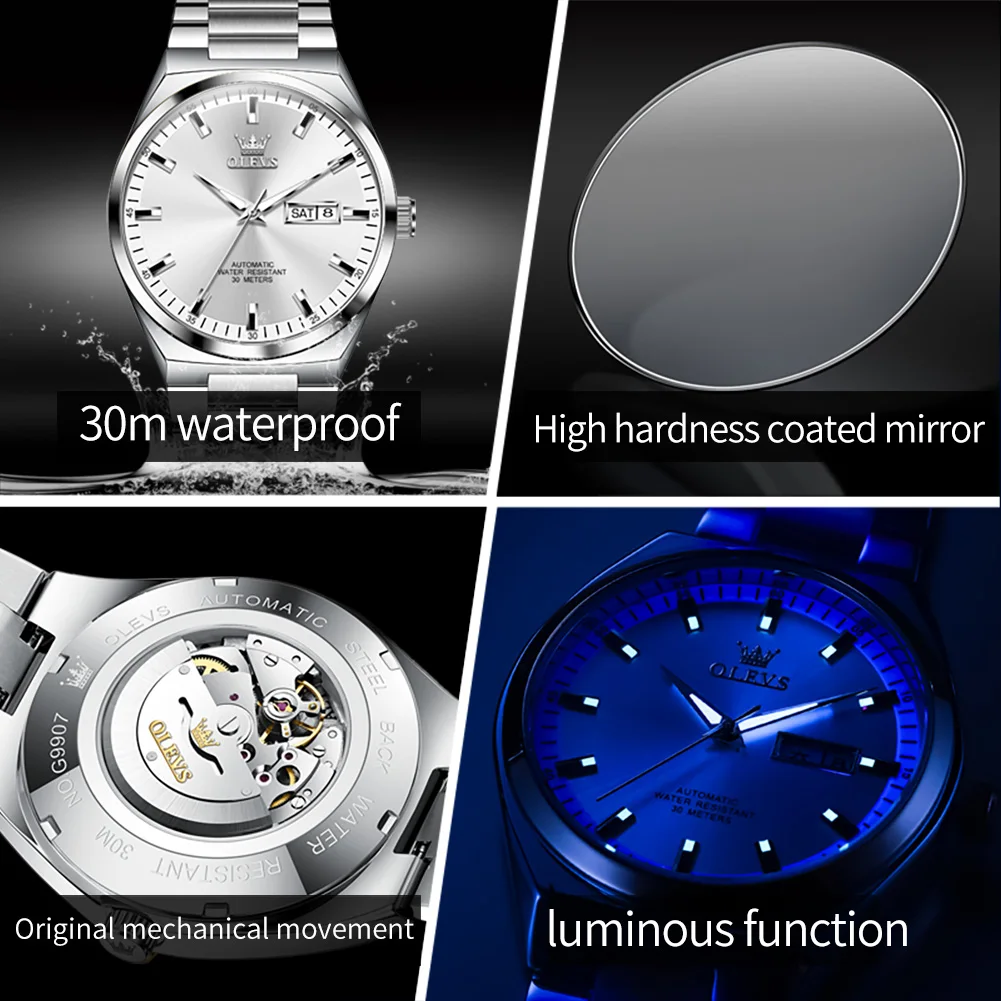 OLEVS 9907 High Quality   Gents Mechanical Watch  Stainless Steel Band Water Resist Calendar Simple Business Watch Supplier