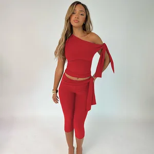 2024 Summer New Slanted Neck Strap Sleeveless Top Tight Capris Casual Set