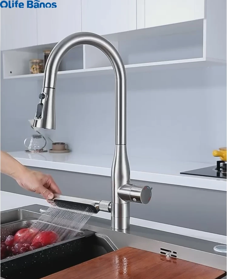 product high end all copper waterfall household pull hydraulic electrogenerating digital display revolving  kitchen  faucet tap684-27