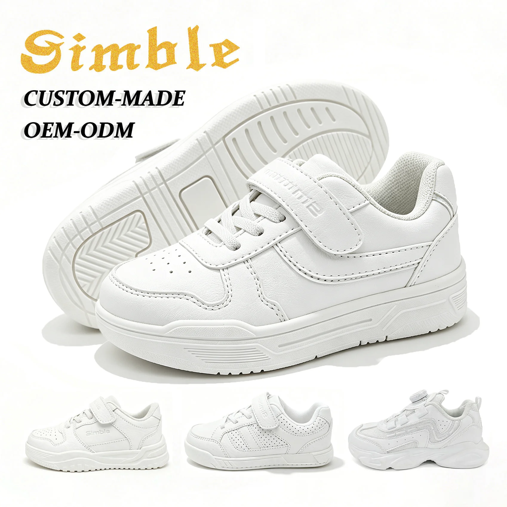 Custom High Quality Boys Girls Flat Board Shoes Kids Sneaker Waterproof PU White Children School Shoes
