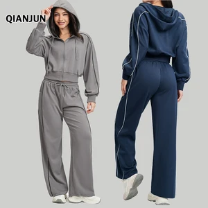 Custom Logo Plus Size Women's Sportswear Solid Fitness Apparel Hooded Jacket Sweatpants Zip-Up Long-Sleeved Top Gym Set Yoga Set