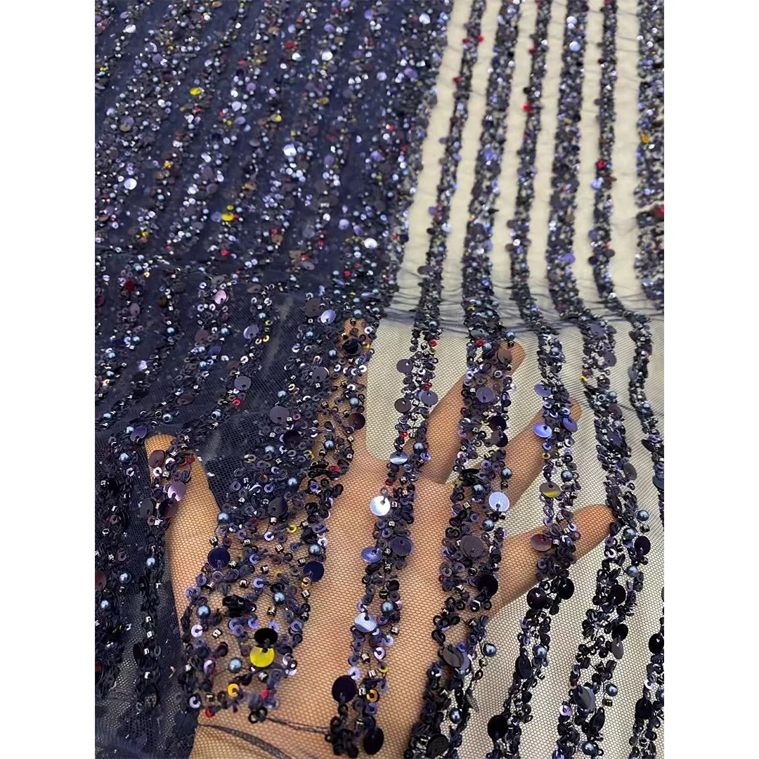 Multi Color LINE Sequin Beads Bridal Lace Fabric Luxury Heavy Beaded  Sequence Beads swiss Voile Wedding Dress Tulle Lace Fabric - Main Image