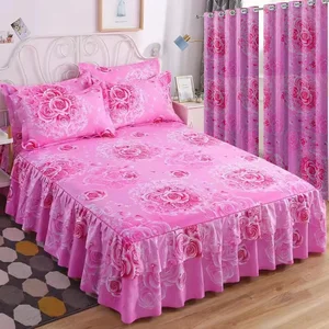 Wholesale Cheap Luxury Printed Microfiber 5 Pieces Bed Skirt Set with Curtain King Size