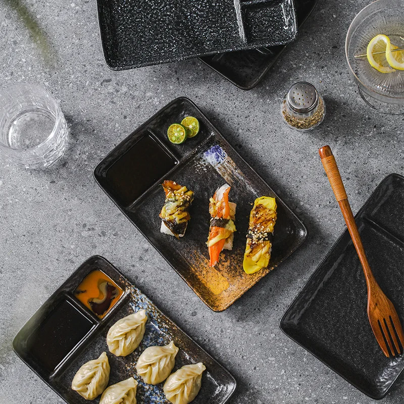 Rectangular 3 Compartment Divided Melamine Sushi Plate with Sauce Dipping for Japanese Restaurant