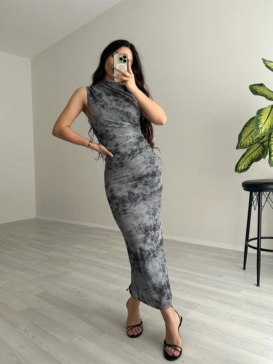【代引き不可】 Neck Crew 2024 Our Shop Pleated Dress Maxi Gray Sleeveless ワンピース