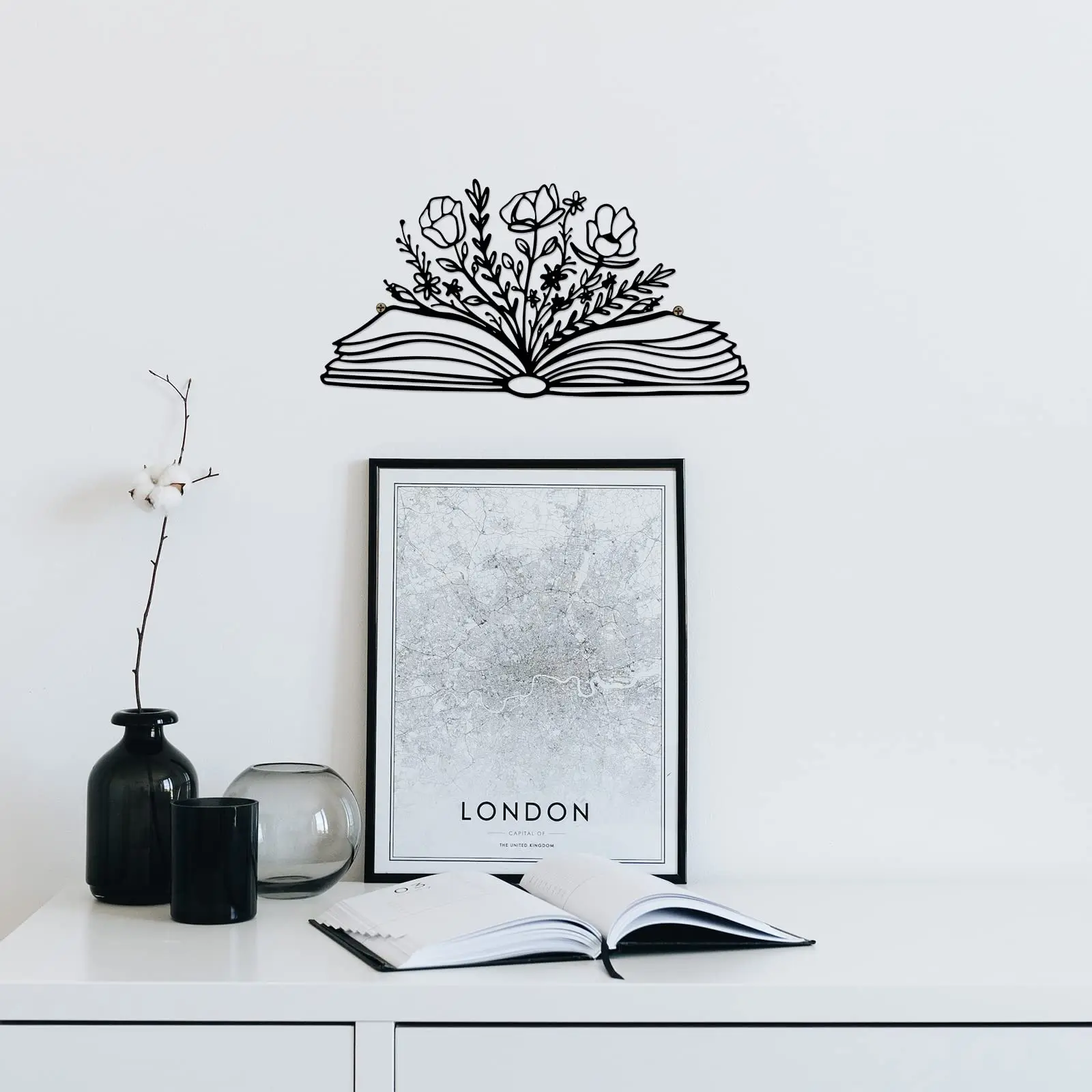 Black Metal Book Flower Wall Art For Library Reading Room Living Room