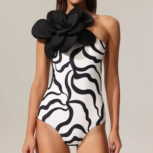 One-Shoulder One-Piece Swimsuit with Crystal Decoration in Spandex/Polyester Fabric Large Floral Detail and High Cut