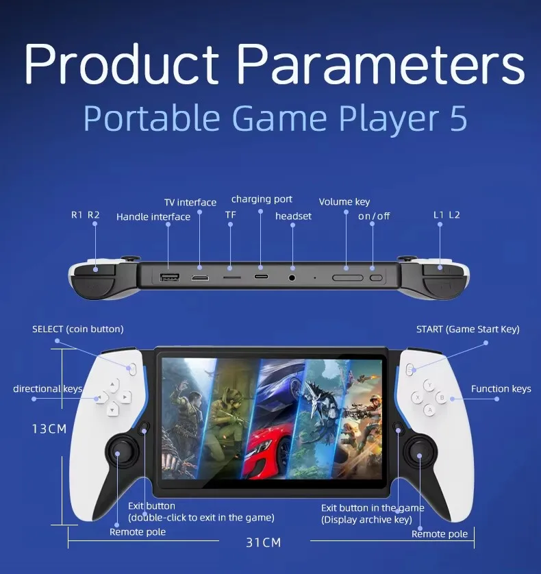 New 7 Inch Dual Joystick Retro Handheld Game Console Open-Source System 30+ Emulators RGB Light TV Out & 2-Player Support