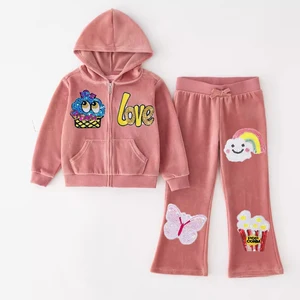 Customizable Factory Price Girls Autumn Clothes Fun Patches Velvet Outfits Girls Jacket and Pants Set