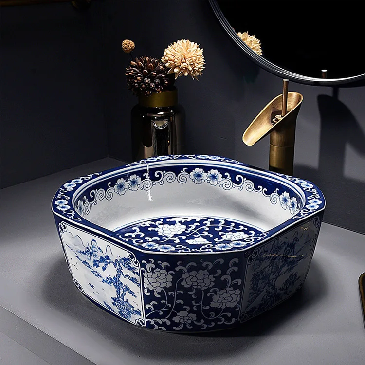 Blue White Rectangular Chinese Hand Painted High Quality Ceramic Art Bathroom Basin for Home and Restaurant