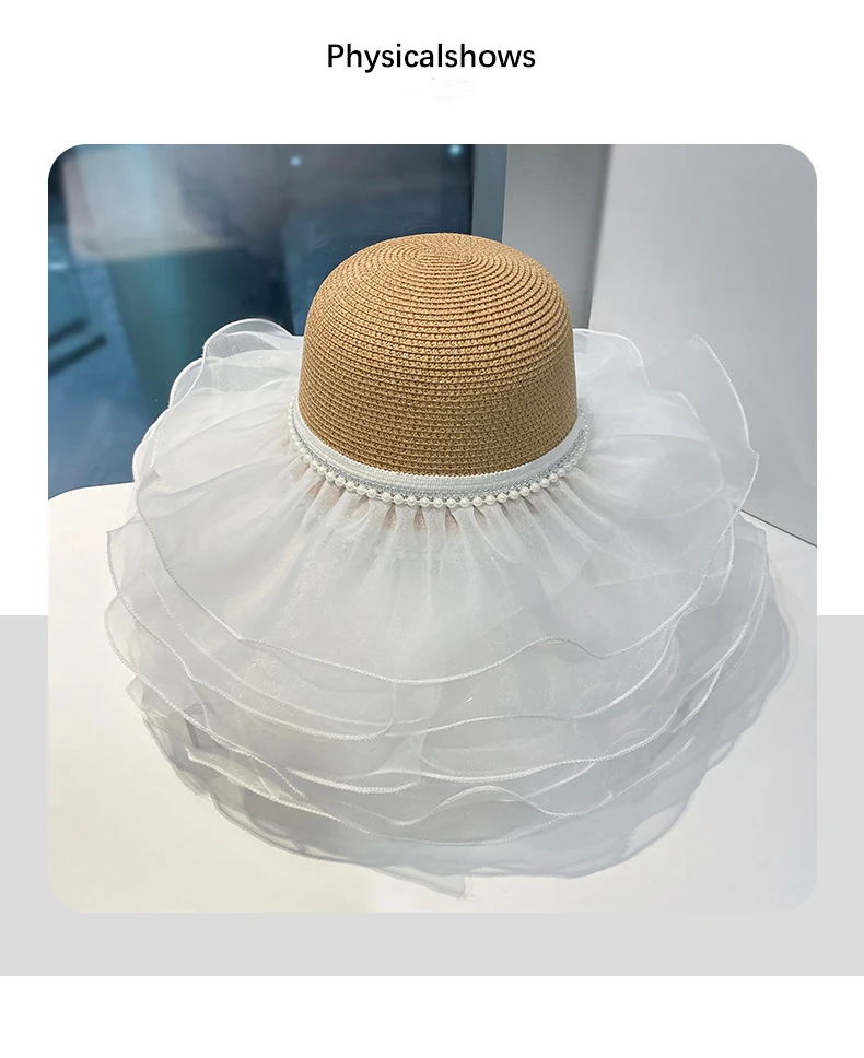 Custom Summer Beach Travel Vacation Straw Hat With Pearl Lace White Gauze Sun protection Sun Hat Straw Hat