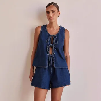 2025 Summer New Vintage Denim Sleeveless Tank Top Elegant Lace-up Vest and Shorts 2 Piece Denim Jeans Set